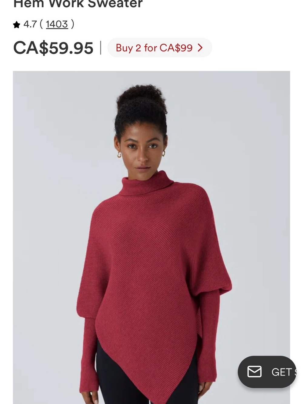 HALARA Rose Red Pointed-Hem Cowl Turtleneck Sweater